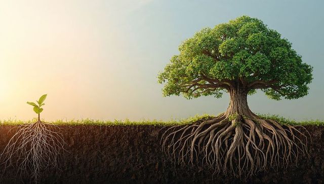 Illustration of Seedling to Tree Growth with Visible Roots and Sky