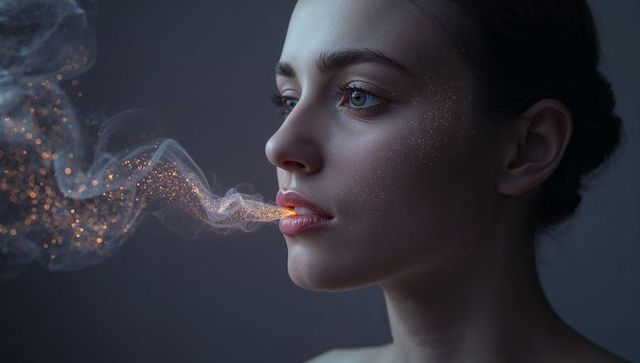 Ethereal woman exhaling glittering vapor with glossy lipstick closeup profile portrait