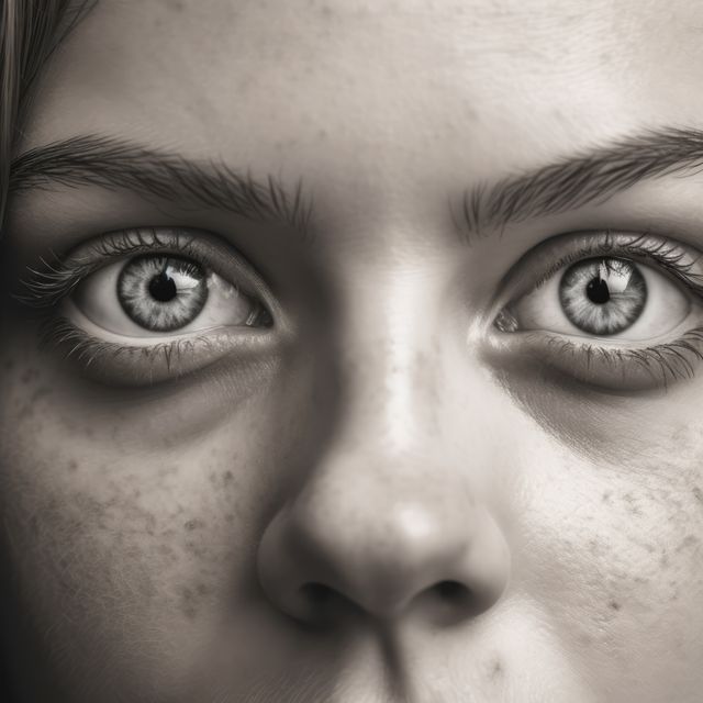 This close-up portrait of a girl's face showcases her intense eyes and freckles, creating an emotional and detailed look. Ideal for use in advertisements focusing on youth, beauty, or emotional appeal, as well as in blogs or articles exploring human emotions and facial expressions.