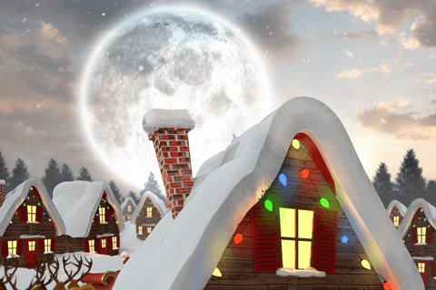 transparent winter cottages with christmas lights in full moon - Download Free Stock Videos Pikwizard.com