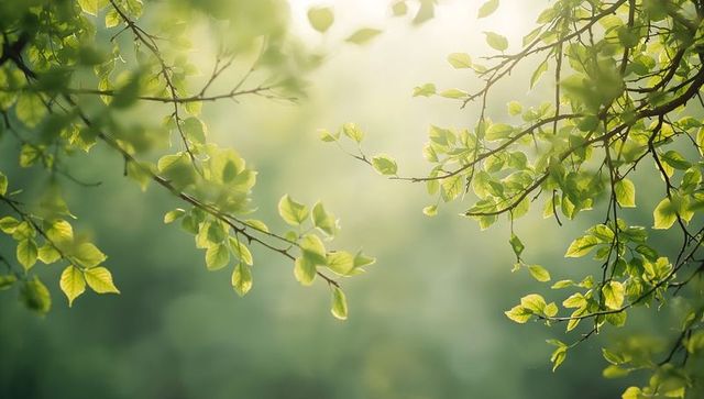 Sunlit spring leaves on delicate branches with soft bokeh and luminous green canopy