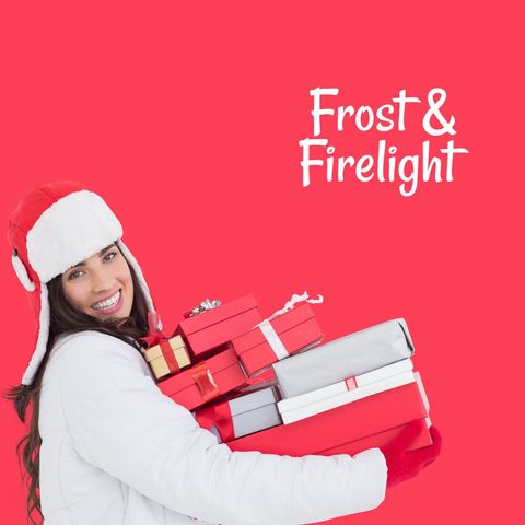 Smiling woman holding christmas gifts on red background