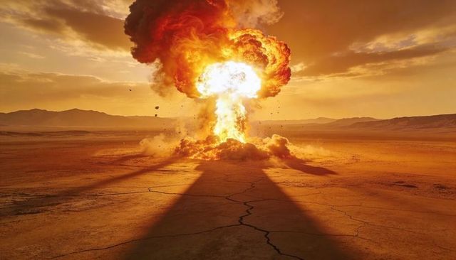 Cinematic fiery desert nuclear explosion mushroom cloud at sunset over cracked ground