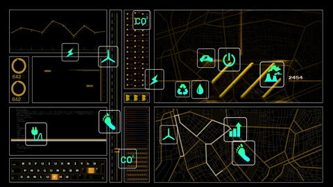 Futuristic Eco Data Interface with Holographic Icons and Graphs