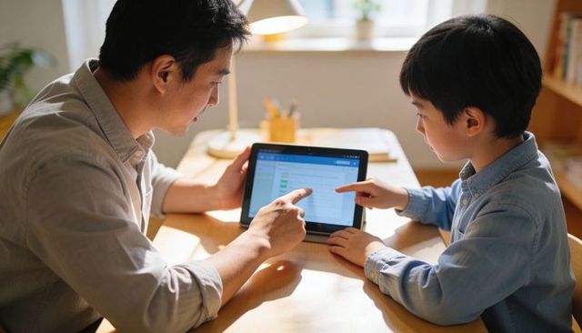 Father and son learning on tablet together at home for digital tutoring and homework help