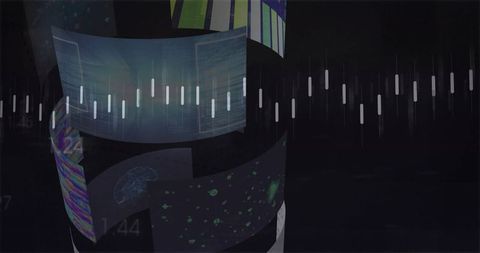 Rotating holographic data spiral displaying waveform interface for futuristic dashboard