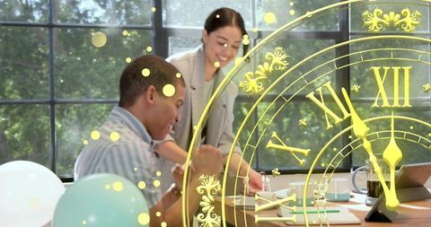 Office team collaborating, celebrating success under golden clock overlay, time-pressured
