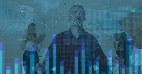 Serene Businessman Embraces Technology Amid Global Data Visualization