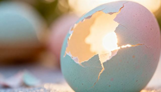 Cracked teal eggshell revealing sunlit interior with golden bokeh and pastel tones macro