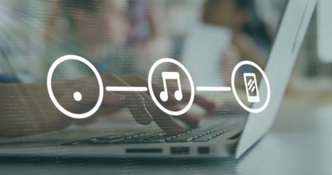 using laptop with digital network and music icons overlay - Download Free Stock Images Pikwizard.com
