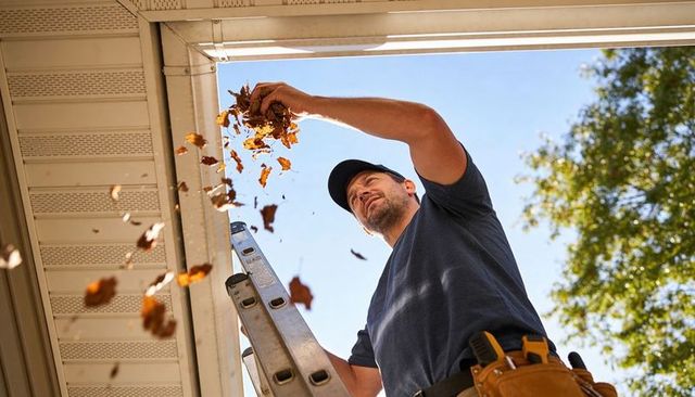 Handyman cleaning gutters on ladder releasing autumn leaves for home maintenance