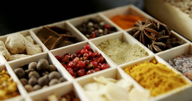 Assorted Colorful Spices in Wooden Box Sections - Download Free Stock Images Pikwizard.com