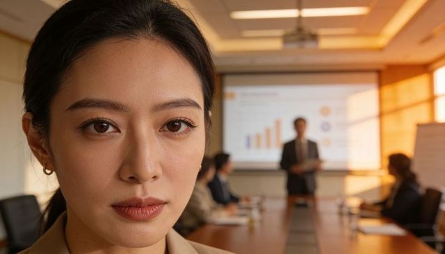 Confident asian businesswoman portrait attending executive boardroom presentation