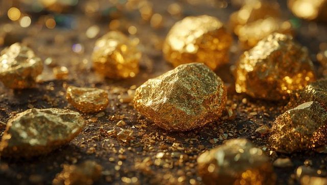 Golden nuggets gleaming on granular surface in luxurious close-up