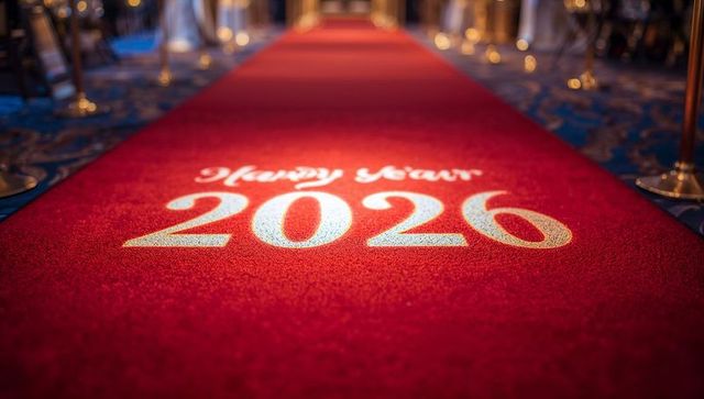 Welcoming 2026 on Red Carpet Runner with Gold Stanchions and Warm Bokeh Gala Ambience