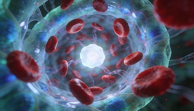 Floating leukocyte inside capillary with red blood cells and translucent vessel wall, 3d render