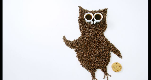 An owl-shaped arrangement of coffee beans with white-rimmed eyeglasses and a cookie on a white background, with copy space. The creative display uses everyday items to craft a whimsical piece of coffee-themed art.