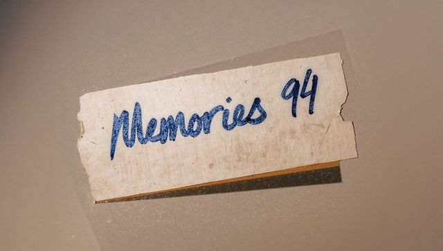 Torn vintage label handwritten memories 94 blue ink on beige table with orange backing