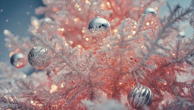 Festive pastel pink frosted pine decor with silver baubles