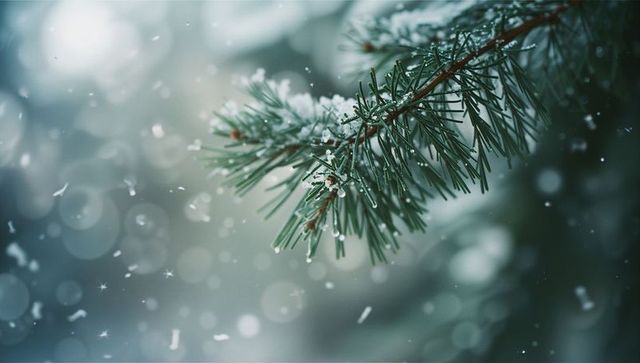 Frost-Covered Pine Branch Amid Gently Falling Snowflakes