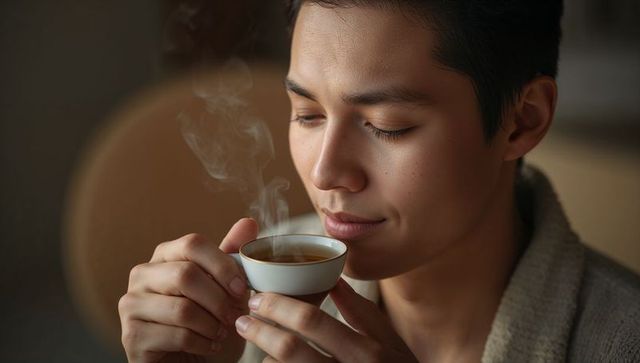 Intimate morning tea ritual with asian man inhaling steam from porcelain cup, cozy calm