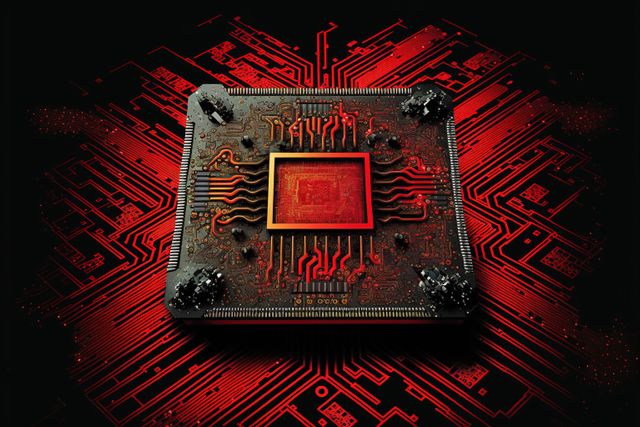Red computer processor on black background, created using generative ai technology. Computer microchip technology and digital information concept digitally generated image.