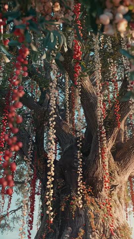 Vertical nature video panning across gnarled tree trunk with hanging red and beige pods