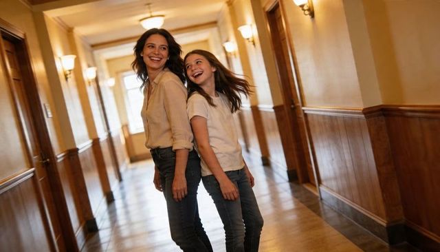 Mother and daughter laughing back-to-back in sunlit wood-paneled hallway