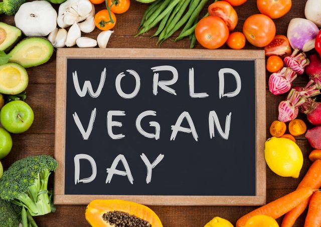 Text 'World Vegan Day' written on chalkboard surrounded by tomatoes, beans, mushrooms, apples, green beans, lemons, and more fresh produce. Perfect for promoting vegan lifestyle, health benefits of plant-based diet, or celebrating vegan events. Ideal for blog posts, social media campaigns, vegan recipe websites, and health newsletters.