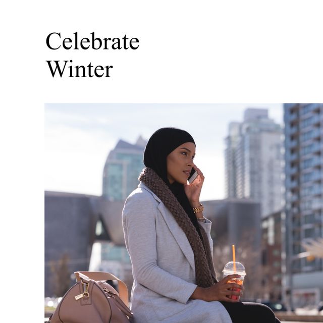 Professional Woman in Winter Attire Talking on Smartphone in Urban Setting - Download Free Stock Templates Pikwizard.com