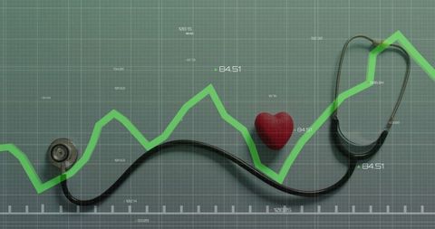 Stethoscope with graph overlay and heart symbolizing healthcare analytics