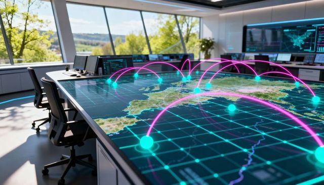 Interactive holographic map table displaying global connectivity nodes and data arcs