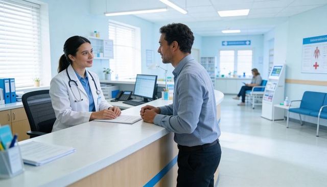 Doctor consulting patient at clinic reception desk with clipboard and stethoscope
