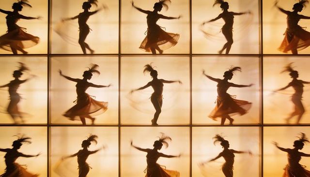 Backlit spinning dancer silhouettes in golden grid, motion blur and repetition