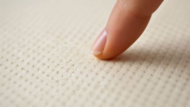 Pressing fingertip into dimpled memory foam surface macro closeup showing tactile texture softness