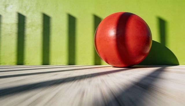 Glossy red sphere casting slatted shadows on lime wall, minimal abstract composition