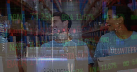 Volunteers Smiling in Warehouse with Financial Data Overlay