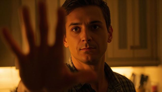 Man reaching out in warm kitchen light, moody intimate portrait for editorial