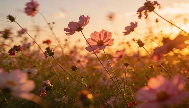 Sunlit pink cosmos blooming in golden sunset meadow with bokeh and lensflare