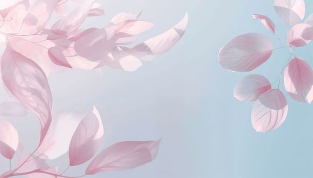 Floating pink translucent leaves drifting over soft blue gradient pastel botanical wallpaper