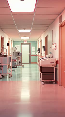Vertical tracking shot of hospital corridor gliding toward illuminated exit sign with medical trolle