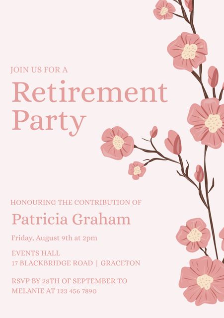 This floral retirement party invitation features pink blooms on branching stems. Perfect for celebrating milestones and honoring contributions. Suitable for sending to family, friends, and colleagues to announce a retirement celebration. Invitation details include date, time, venue address, and RSVP information. Ideal for corporate events, personal gatherings, or community celebrations.