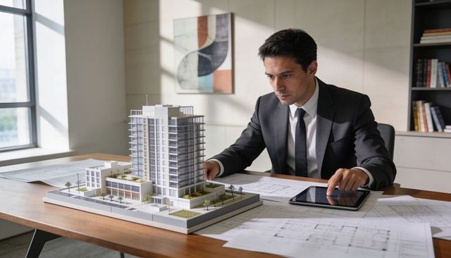 Architect reviewing high-rise scale model with blueprints and tablet for urban planning
