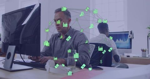 Team analyzing financial data at desks with digital analytics overlay and dashboard screens