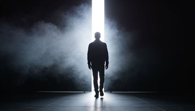 Silhouette walking toward narrow vertical beam of light through dramatic fog on stage