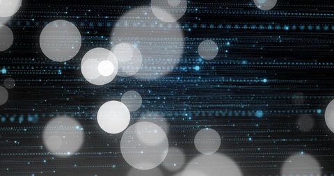 Glowing bokeh drifting over digital datastream with luminescent particles and matrix lines