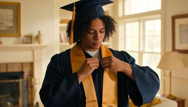 Young man adjusting navy mortarboard and fastening gold graduation stole in living room