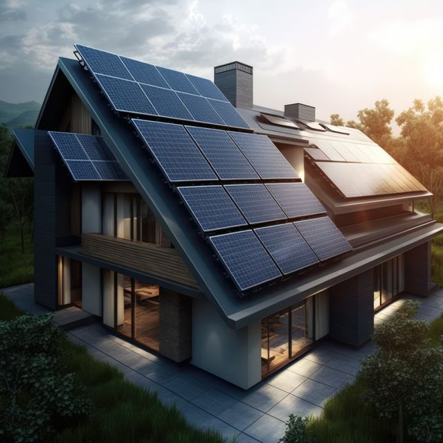 Modern House with Solar Panels on Roof at Sunset - Download Free Stock Images Pikwizard.com