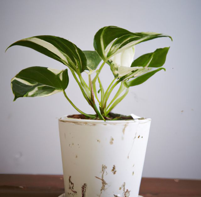 Image of close up of indoor plant in white pot on grey background - Download Free Stock Photos Pikwizard.com