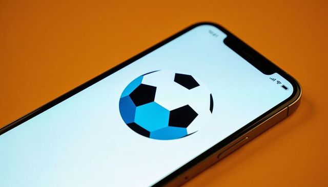 Smartphone displaying blue soccer ball graphic on orange tabletop with metallic bezel
